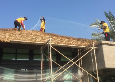 Installation of the Fishing Net on bali gazebo rethatching - bali gazebo re-thatching